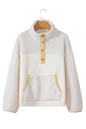 Beige Fleece Colorblock Trim Buttons Collar Sweatshirt with Pocket-True and Wild