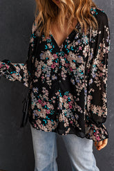 Black Floral Boho Chiffon Peasant Sleeve Blouse-True and Wild