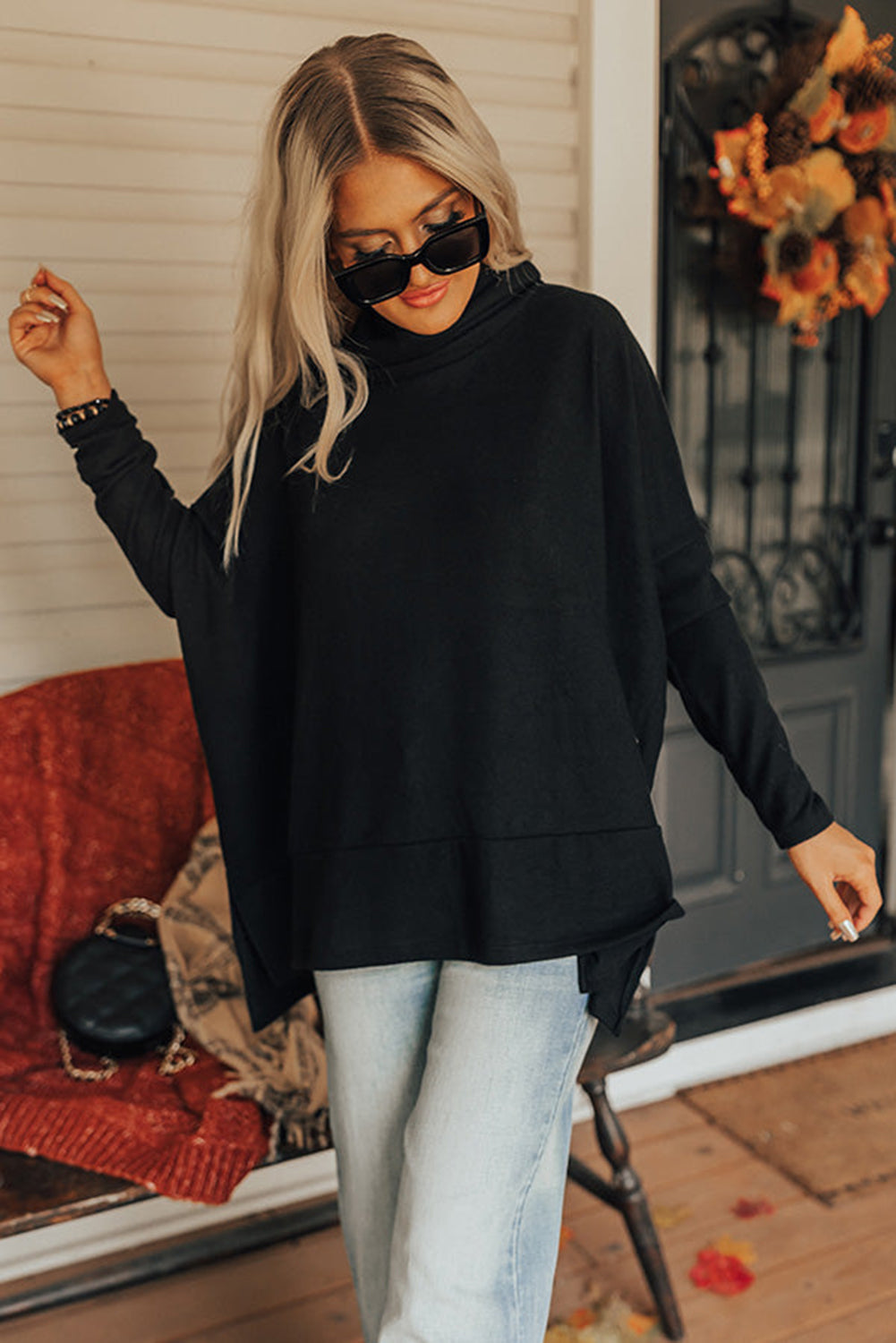 Black Cowl Neck Loose Fit Tunic Long Sleeve Top-True and Wild