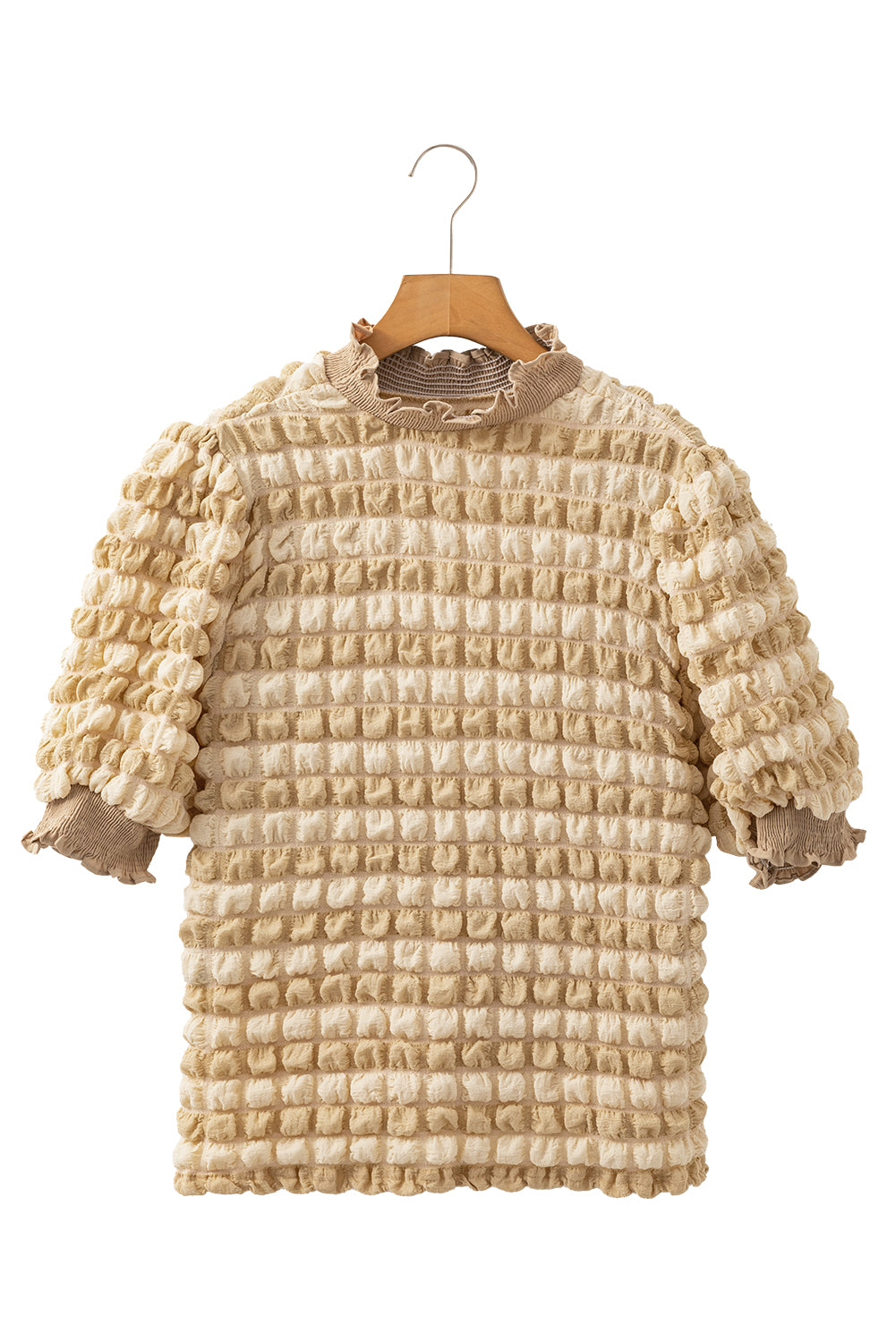 Beige Textured Frill Trim Smocked Puff Sleeve T Shirt-True and Wild