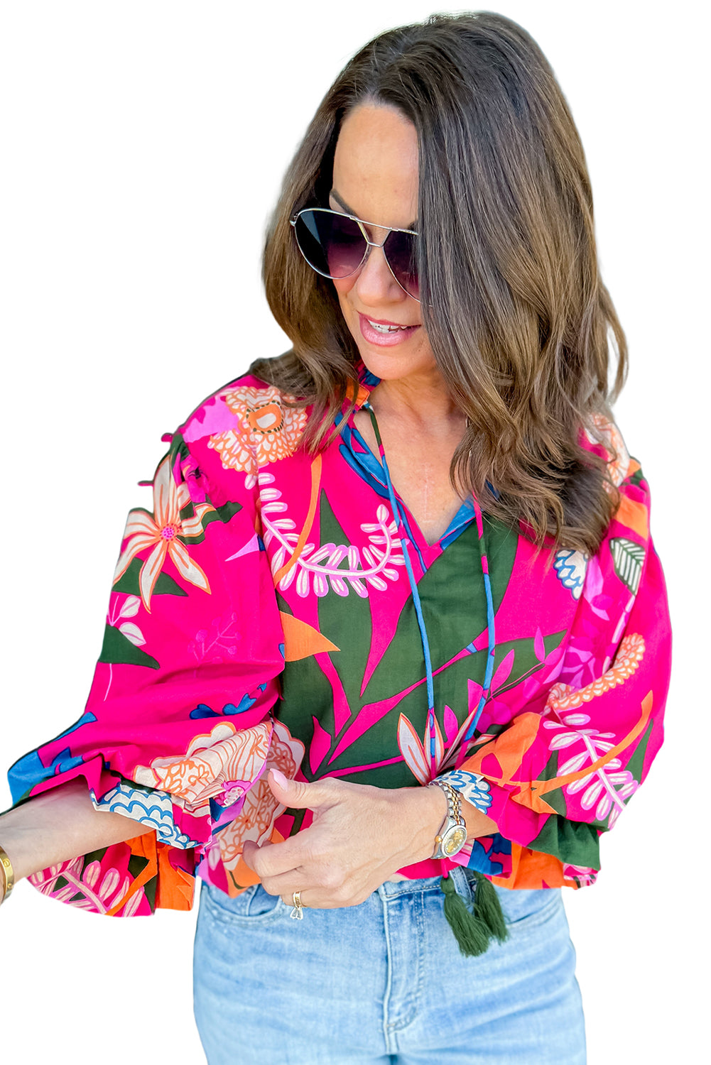 Rose Bohemian Floral Print Frill Neck Puff Sleeve Blouse-True and Wild