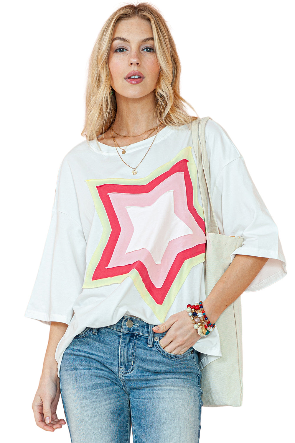 Moonlight Jade Colorblock Star Patched Half Sleeve Oversized Tee-True and Wild