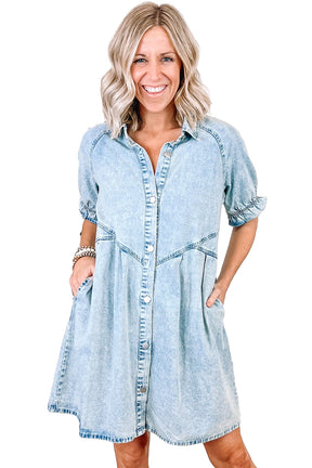 Blue Mineral Washed Ruffled Short Sleeve Pocketed Denim Dress-True and Wild