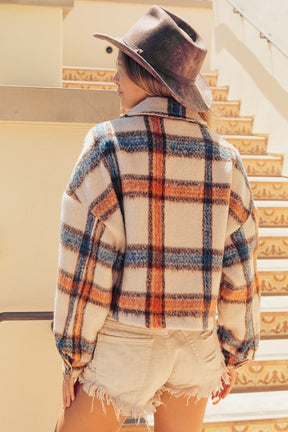 BiBi Brushed Plaid Crop Jacket with Pockets-True and Wild