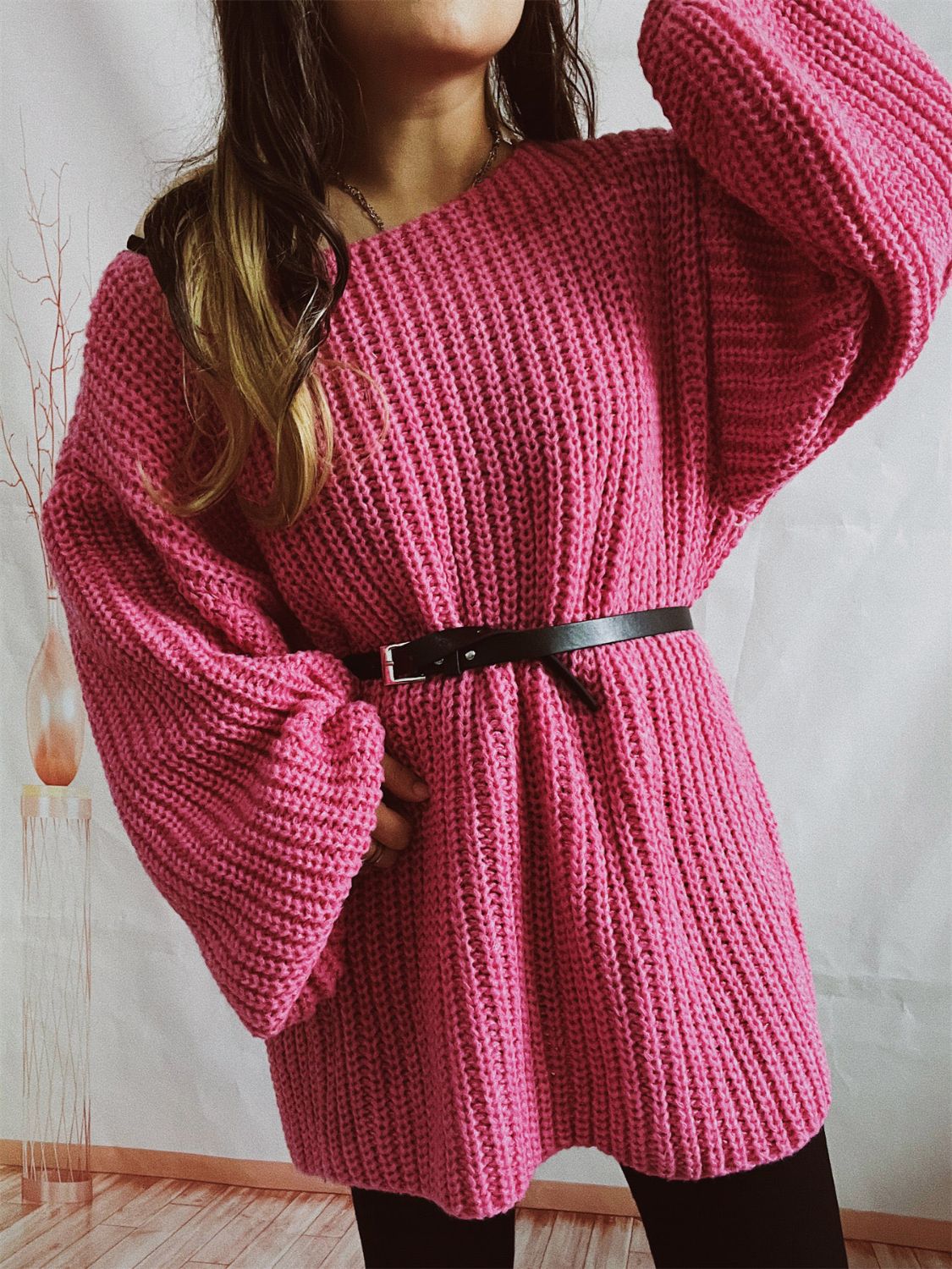 Boat Neck Long Sleeve Sweater With Belt