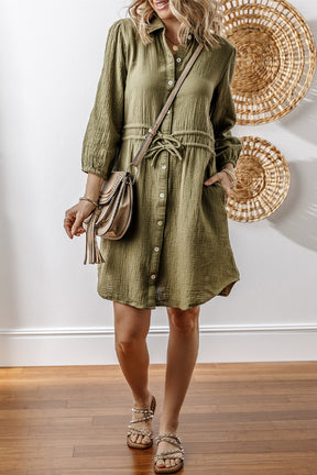 Jungle Green Textured Bracelet Sleeve Button Up Mini Dress-True and Wild