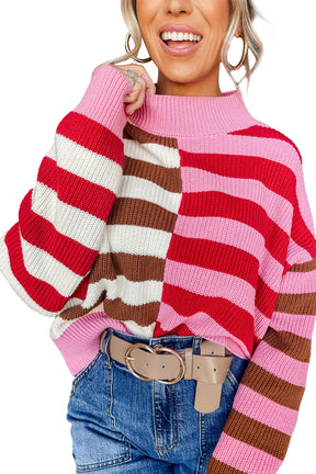 Pink Stripe Color Block High Neck Drop Shoulder Loose Sweater-True and Wild