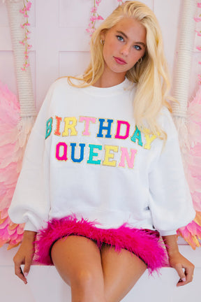 White BIRTHDAY QUEEN Graphic Lantern Sleeve Sweatshirt