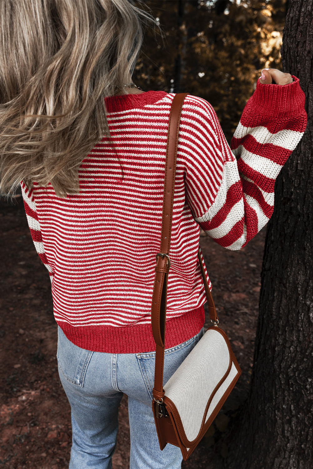 Red Stripe Twisted Knitted Drop Shoulder Sweater-True and Wild