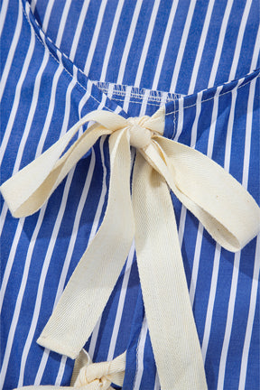 Blue Stripe Bow Tie Front Puff Short Sleeve Blouse