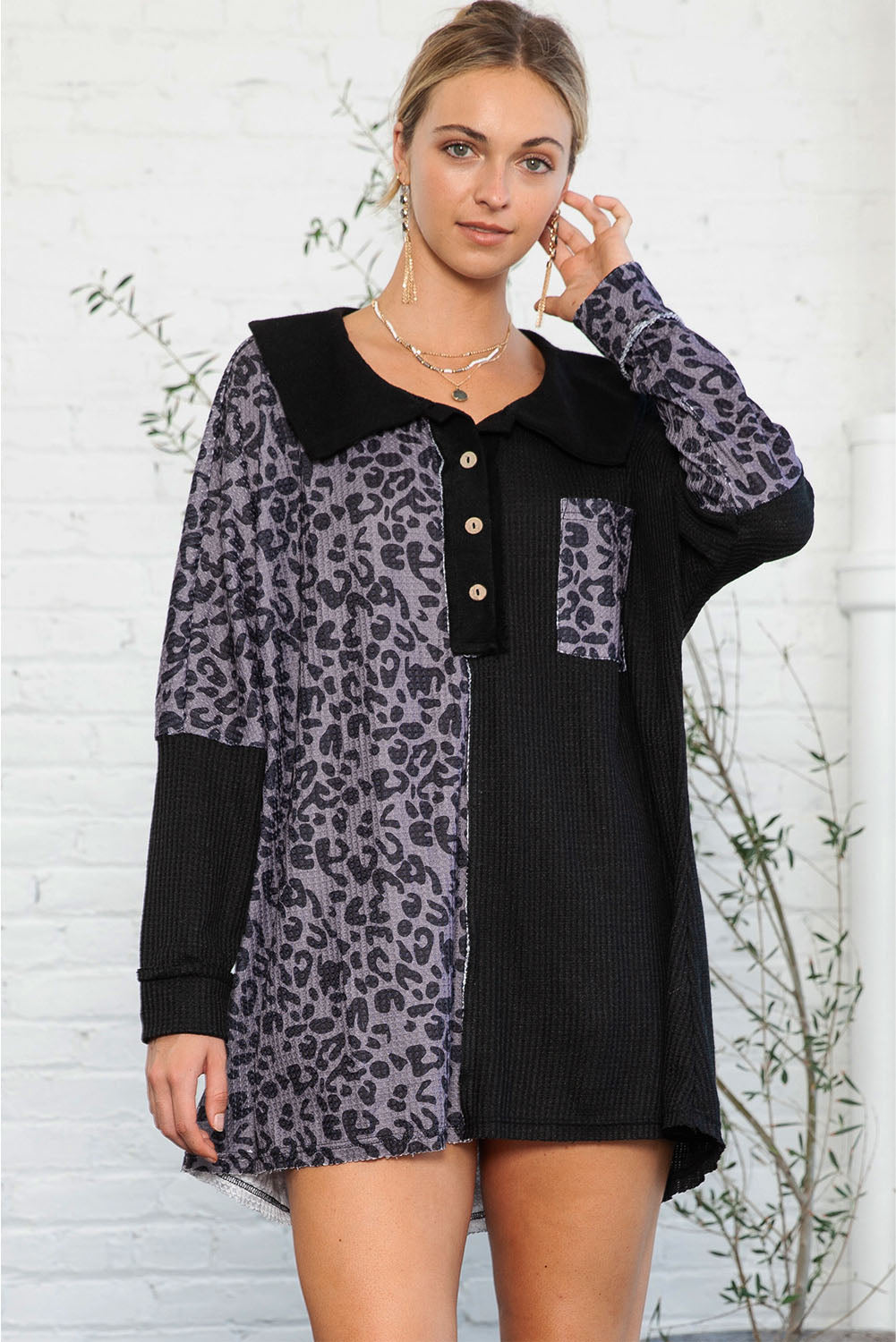 Black Waffle Knit and Leopard Print Color Block Oversized Henley Shirt-True and Wild