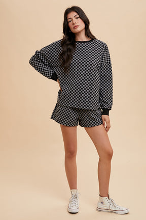 Annie Wear Checkered Round Neck Top and Drawstring Shorts Set