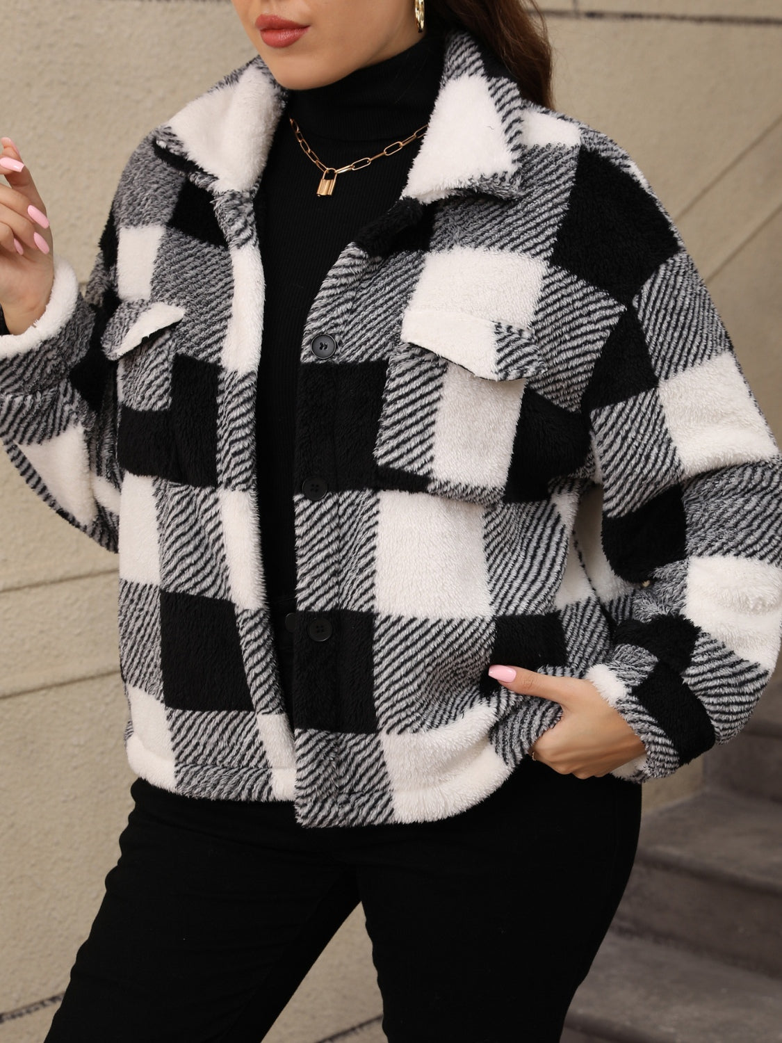 Plus Size Pocketed Plaid Collared Neck Jacket-True and Wild