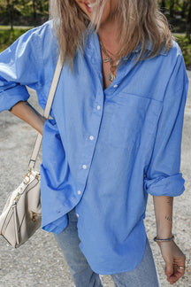 Blue Chest Pocket Button-up Loose Fit Blouse-True and Wild