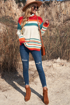 Contrast Striped Turtleneck Dropped Shoulder Sweater-True and Wild