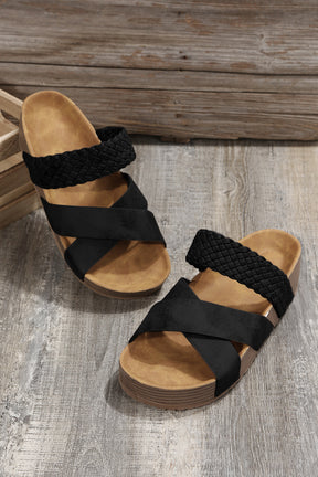 Black Braided Detail Criss Cross Platform Slides Shoes-True and Wild