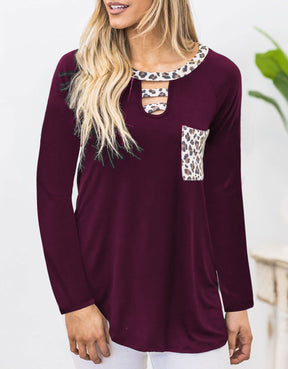 Cutout Leopard Round Neck Long Sleeve T-Shirt-True and Wild