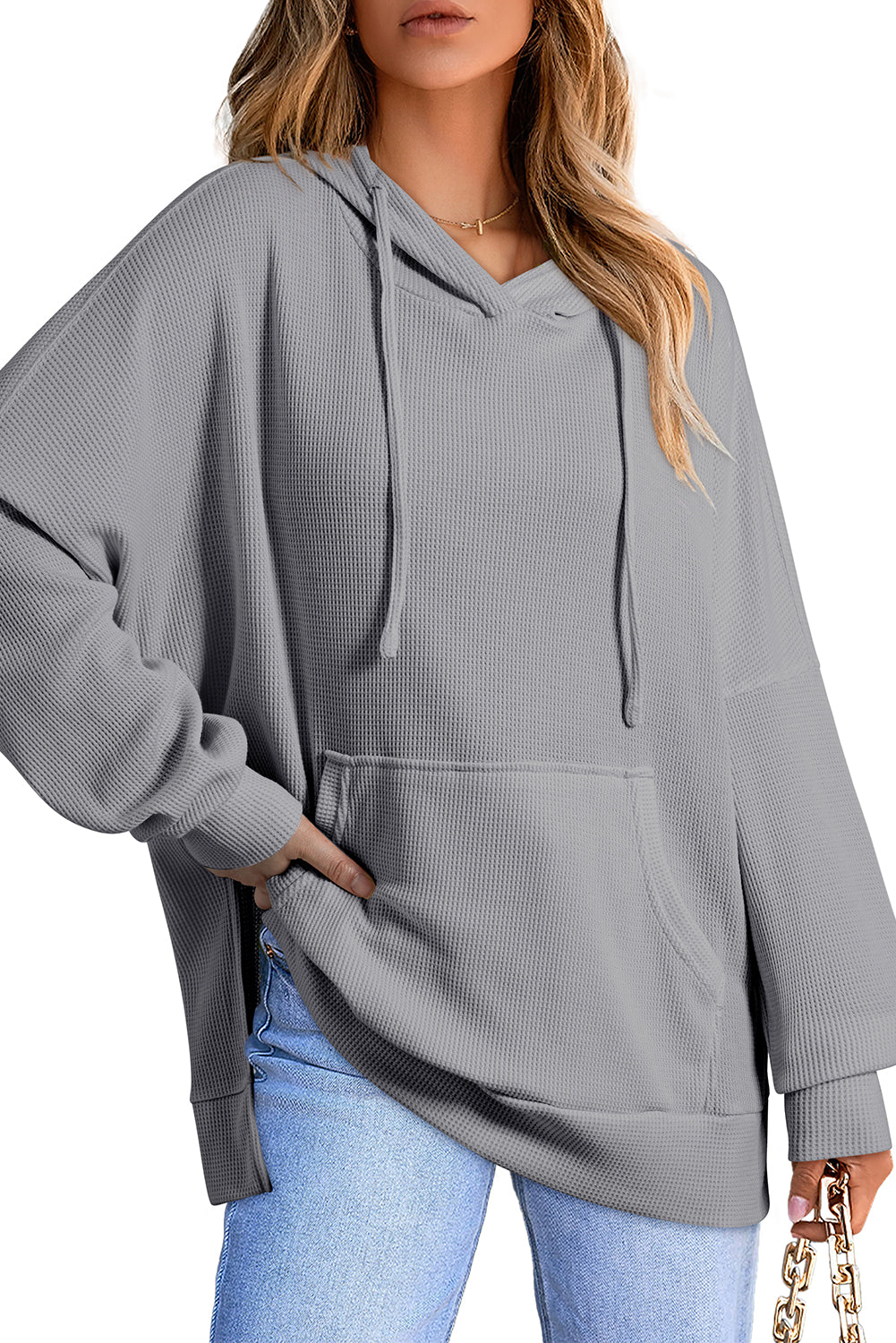 Coffee Waffle Knit High Low Oversized Hoodie-True and Wild