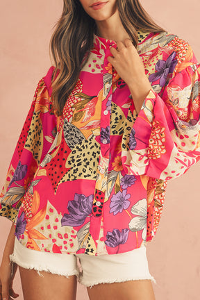 Red Abstract Floral Print Buttoned Ruffle Bubble Sleeve Shirt-True and Wild