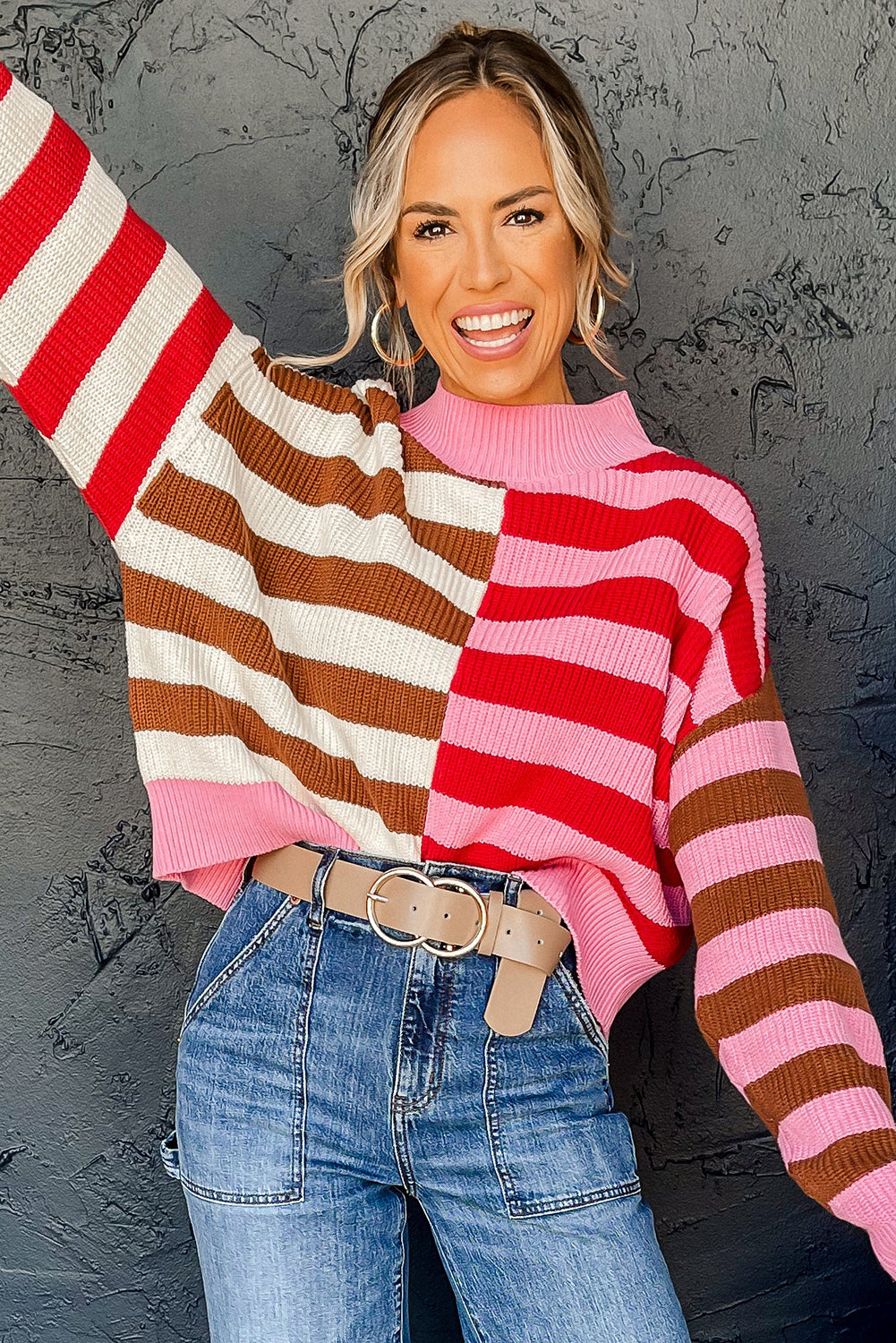 Pink Stripe Color Block High Neck Drop Shoulder Loose Sweater-True and Wild