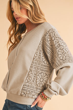 Parchment Crochet Patchwork Exposed Seam Ribbed Trim Sweatshirt-True and Wild