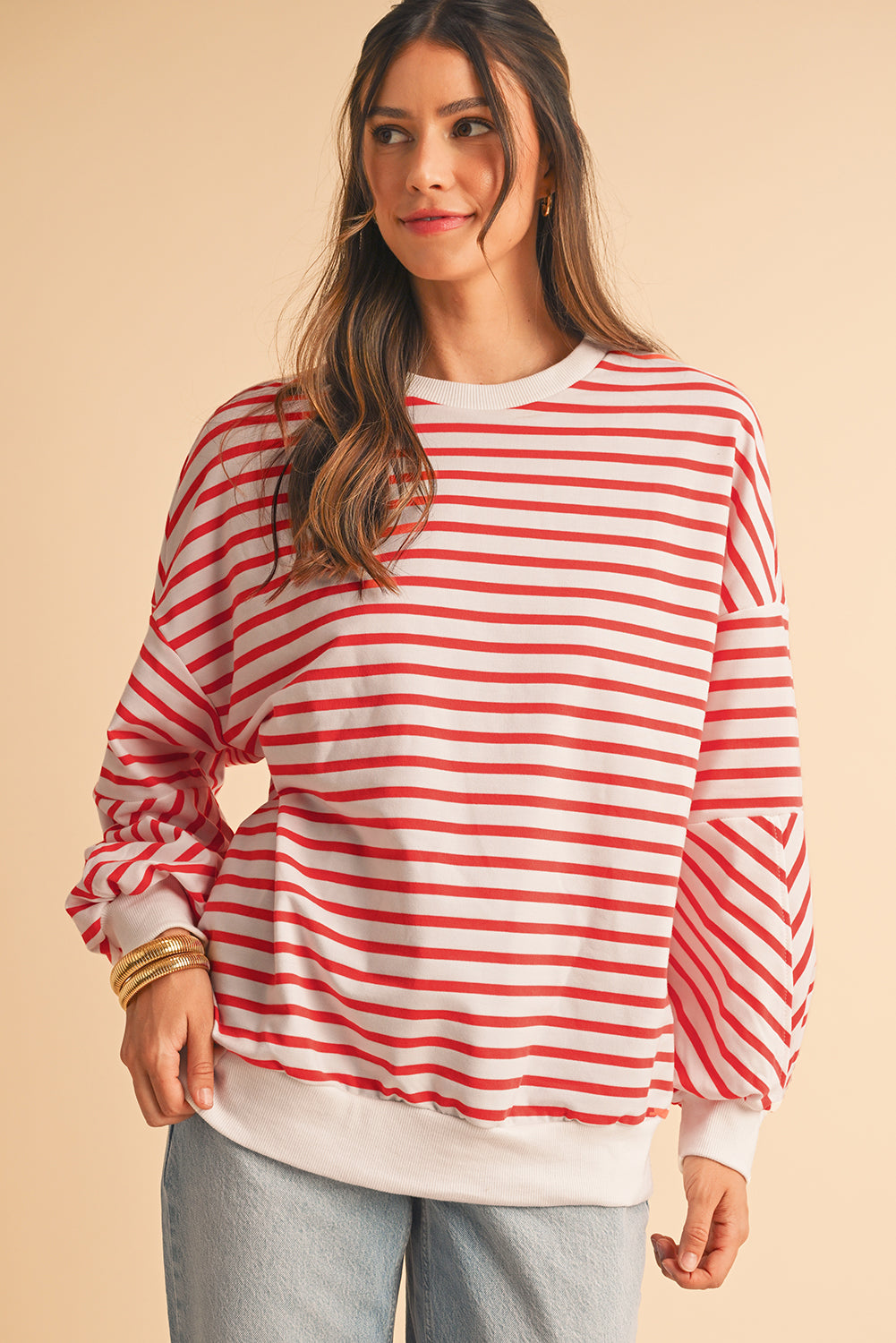 Blue Stripe Drop Shoulder Crew Neck Loose Sweatshirt-True and Wild