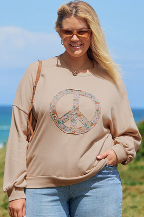 Pale Khaki Floral Peace Graphic Washed Plus Size Sweatshirt