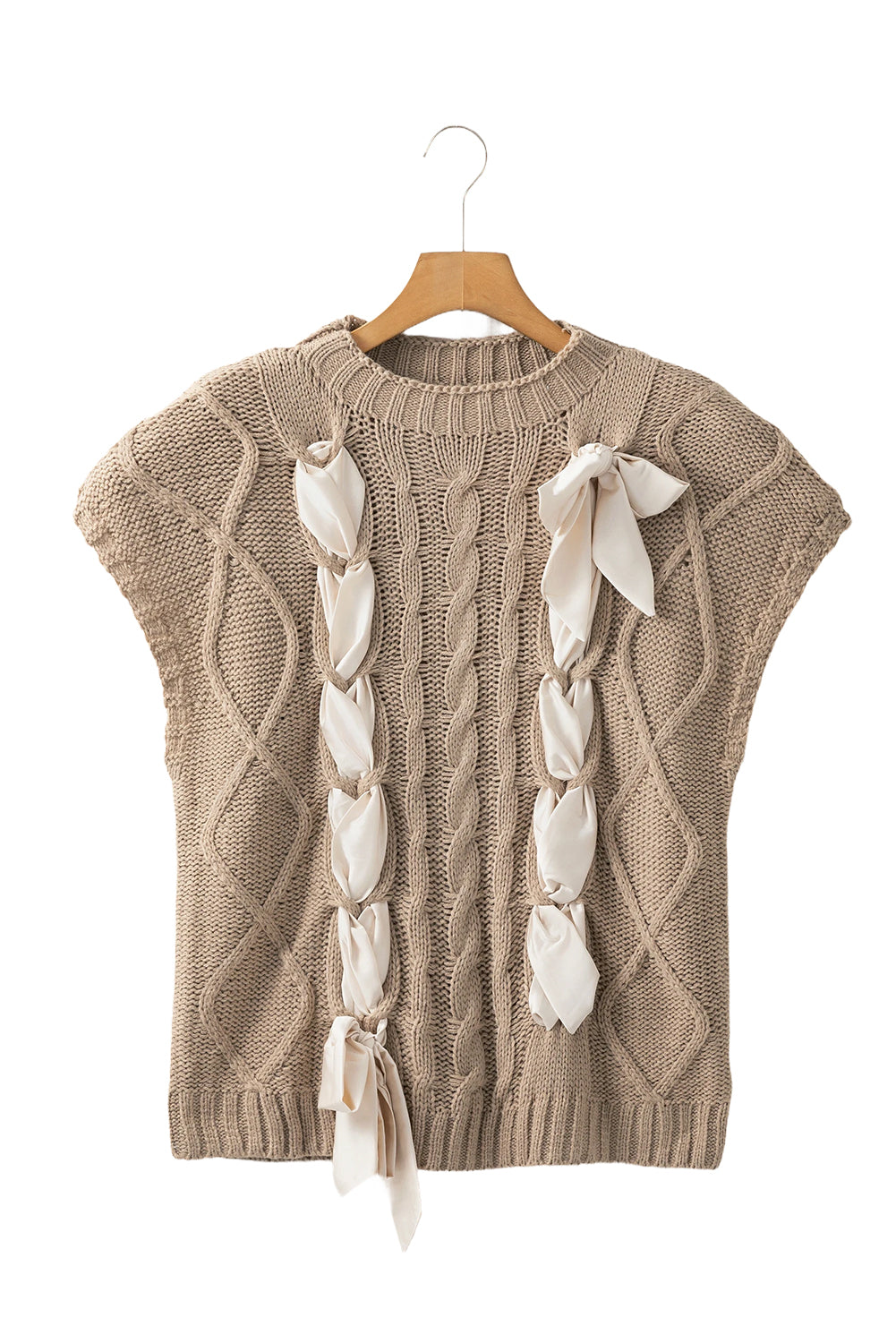 Simply Taupe Satin Bowknot Cable Knit Top