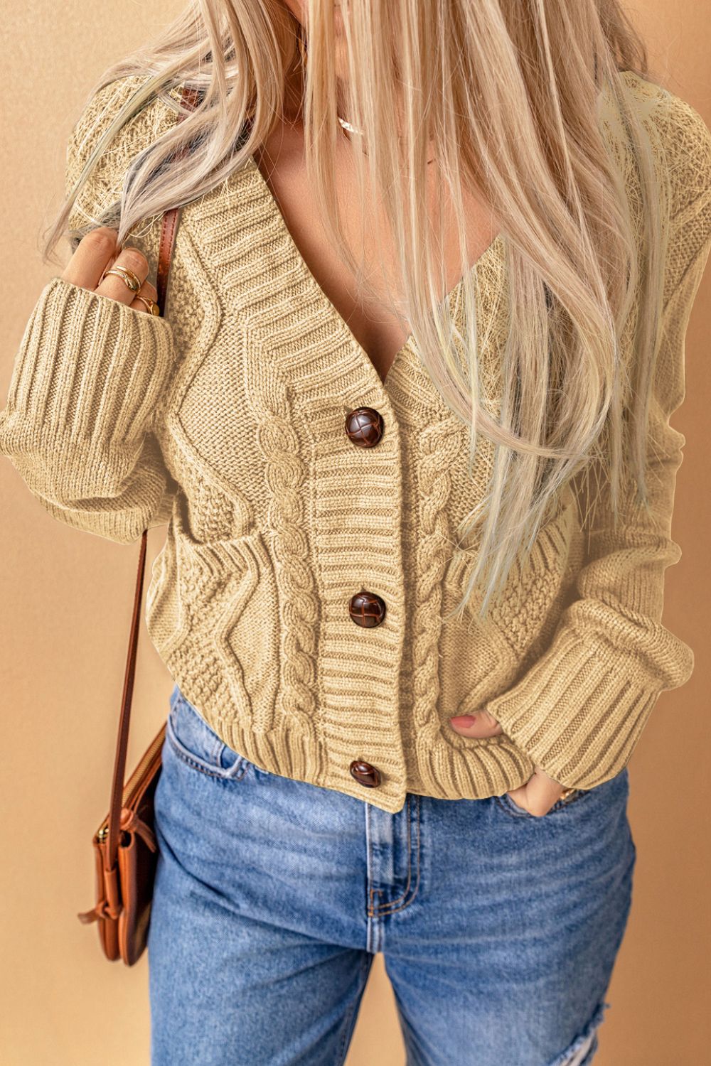 Cable-Knit Button Down V-Neck Cardigan