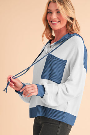 Corded Color Block Drawstring Hoodie-True and Wild