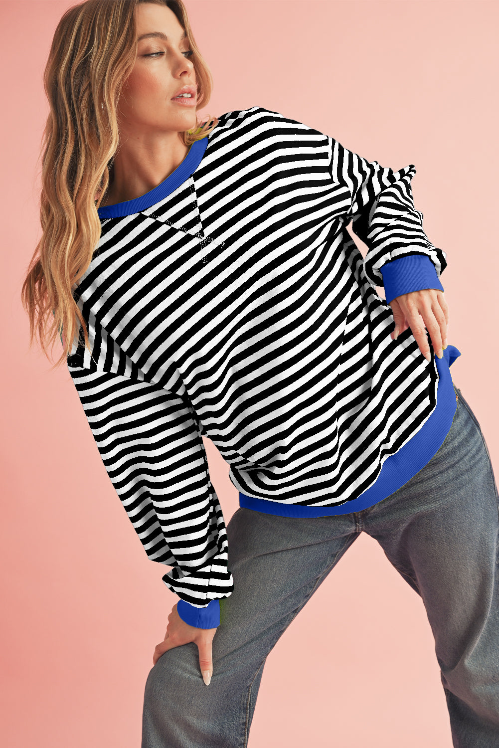 Black Stripe Contrast Edge Cross Seam Oversized Sweatshirt-True and Wild