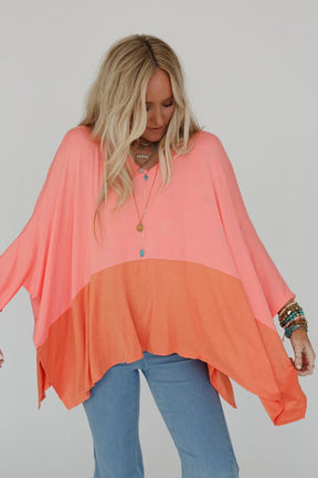 Grapefruit Orange Colorblock V Neck Slits Oversized Top-True and Wild