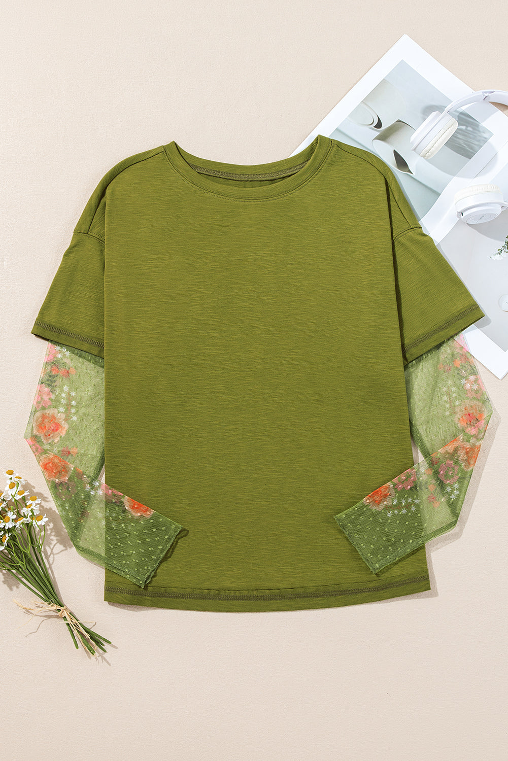 Fern Green Floral Mesh Patchwork Sleeve Crewneck Top-True and Wild