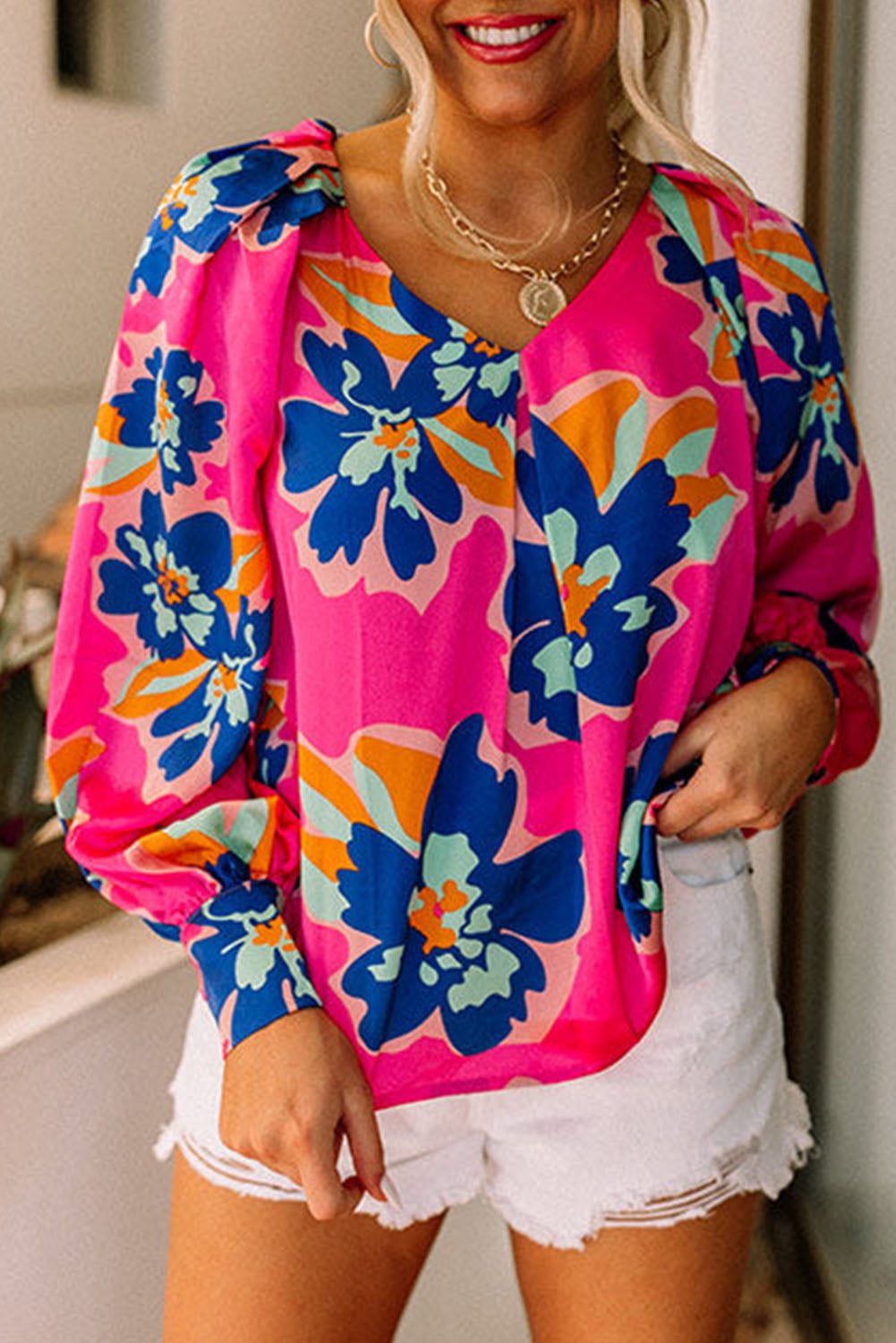 Rose Floral Print V Neck Puff Sleeve Blouse-True and Wild