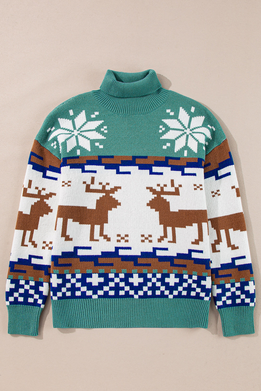 Canton Christmas Reindeer Snowflake Colorblock Turtleneck Sweater-True and Wild