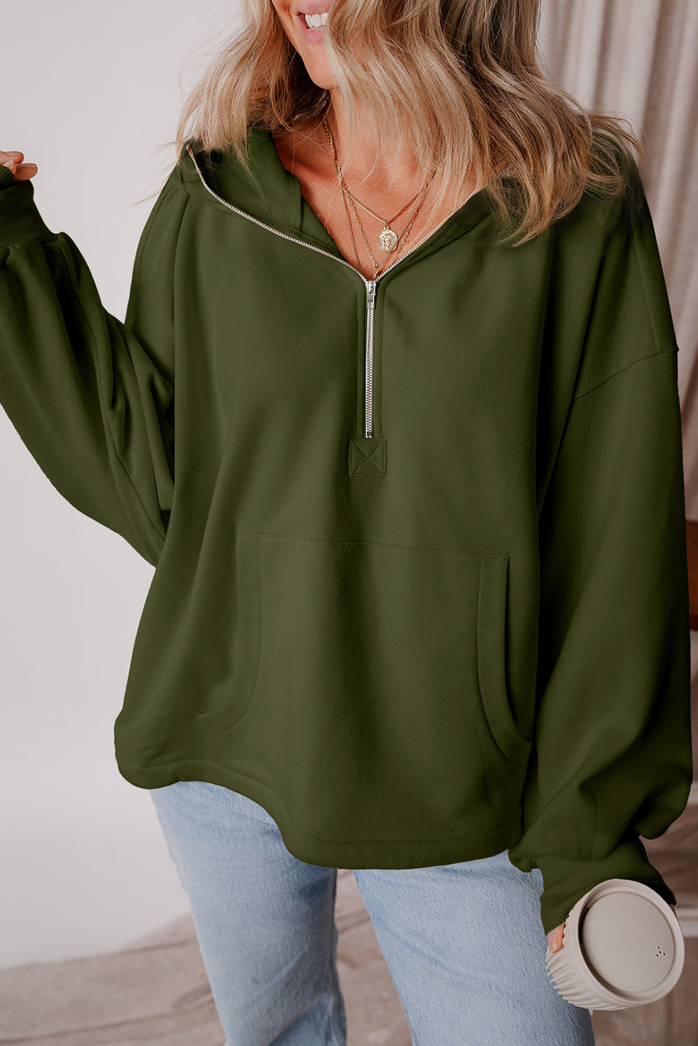 Black Half Zipper Kangaroo Pockets Drop Shoulder Hoodie-True and Wild