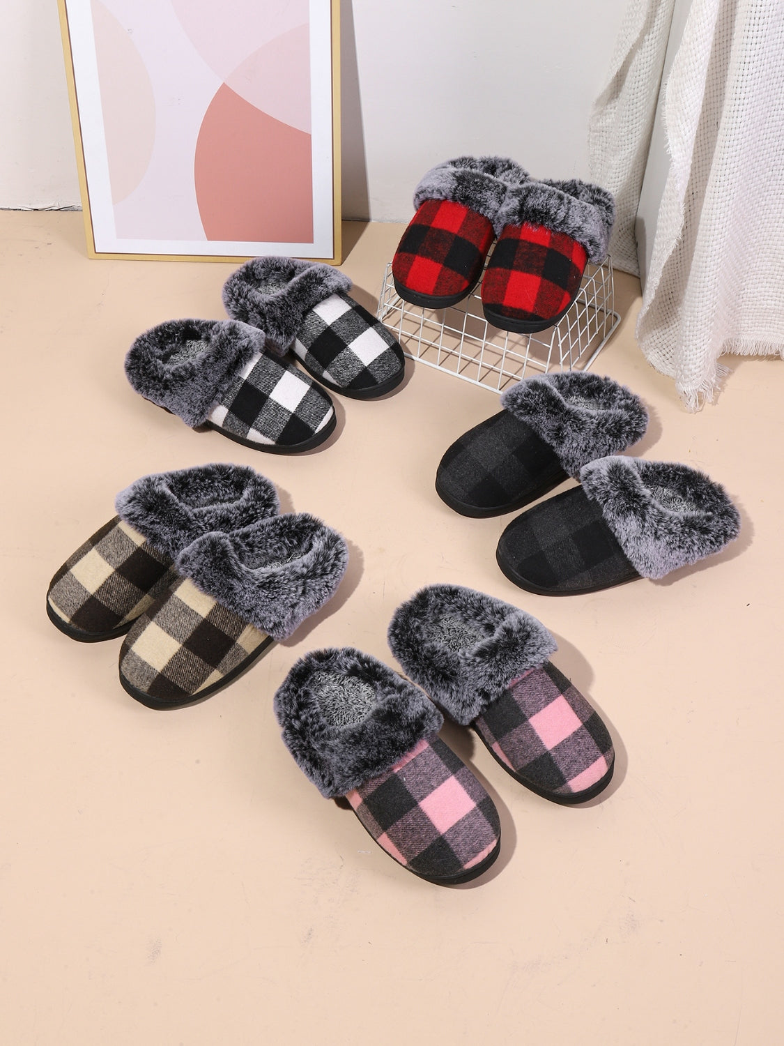 Plaid Furry Round Toe Flat Slippers-True and Wild