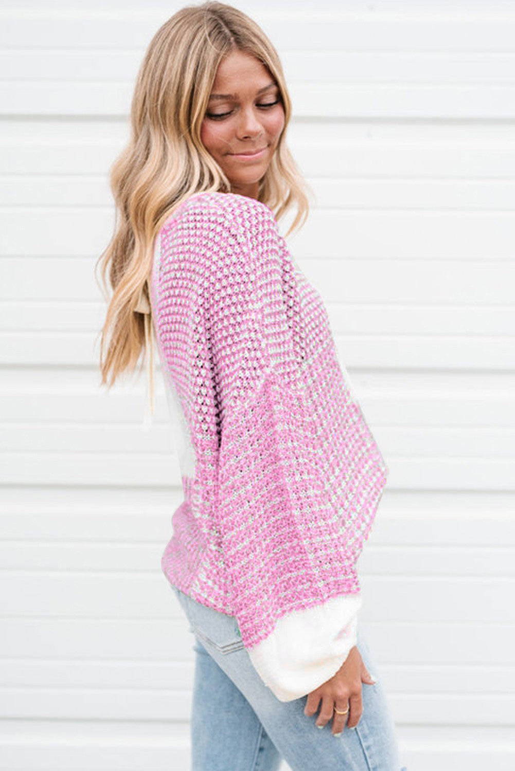 Pink Colorblock Tie Back Drop Shoulder Knit Sweater-True and Wild