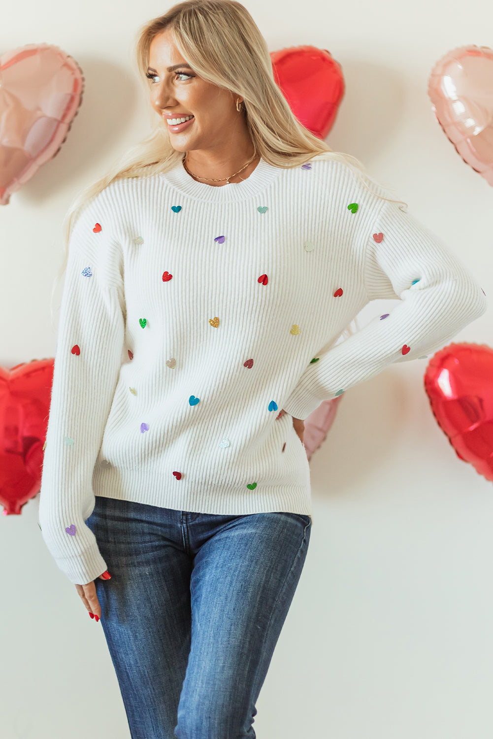 Heart Sequin Round Neck Long Sleeve Sweater-True and Wild