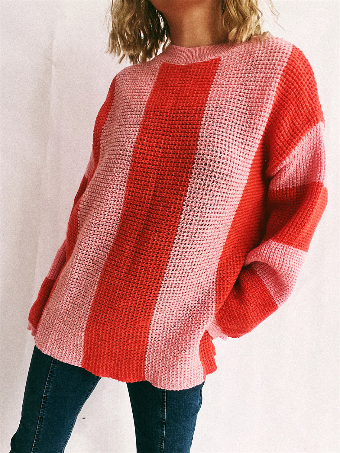 Color Block Round Neck Long Sleeve Sweater-True and Wild