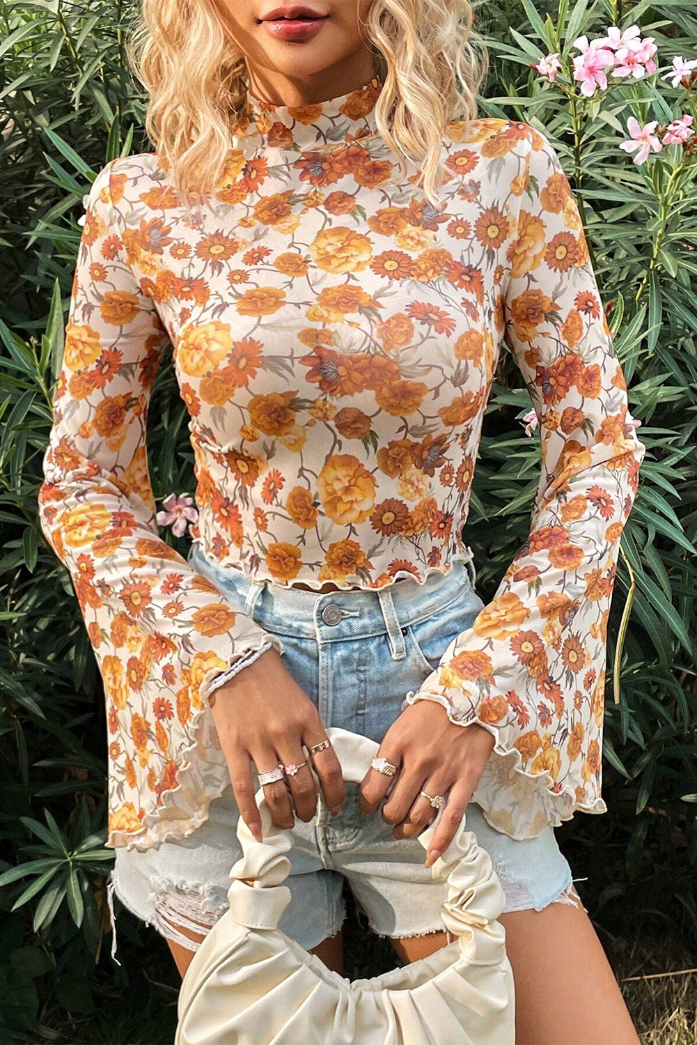 Orange Floral Print Bell Sleeve Mock Neck Scallop Trim Blouse-True and Wild