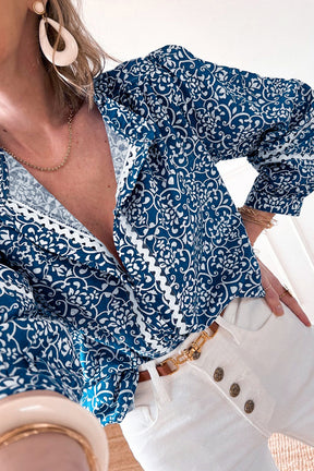 Blue Floral Ric Rac Button Loose Fit Shirt-True and Wild