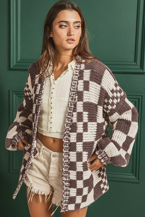 Checkered Open Front Long Sleeve Cardigan-True and Wild