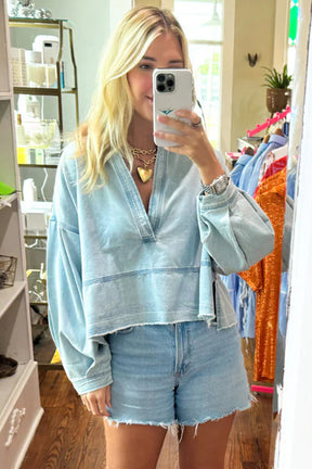 Beau Blue Light Wash Puff Sleeve V Neck Denim Blouse-True and Wild