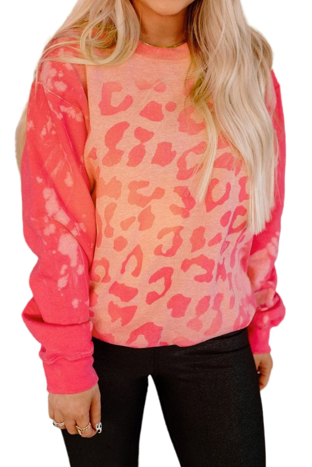 Pink Cheetah Print Drop Sleeve Bleached Sweatshirt-True and Wild