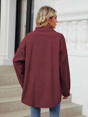 Collared Neck Long Sleeve Dropped Shoulder Shirt-True and Wild