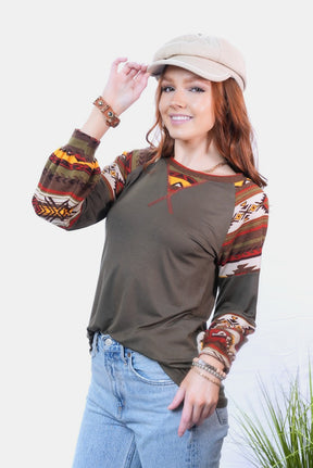 Celeste Full Size Geometric Round Neck Long Sleeve Top-True and Wild