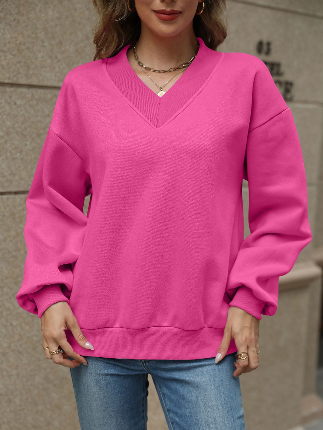 V-Neck Long Sleeve Dropped Shoulder Sweatshirt