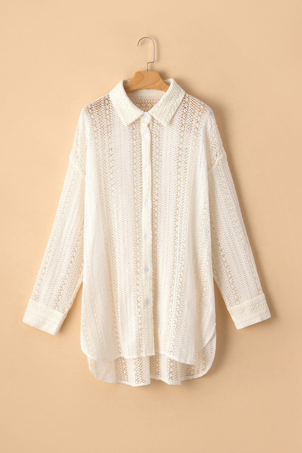 Beige Lace Crochet Collared Button Up Oversized Shirt-True and Wild