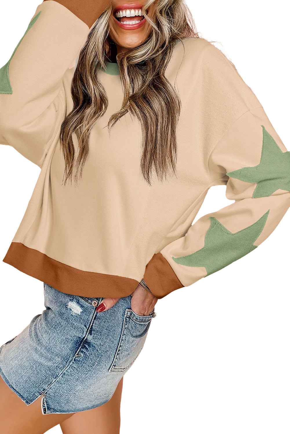 Parchment Star Patchwork Exposed Seam Oversized Sweatshirt-True and Wild